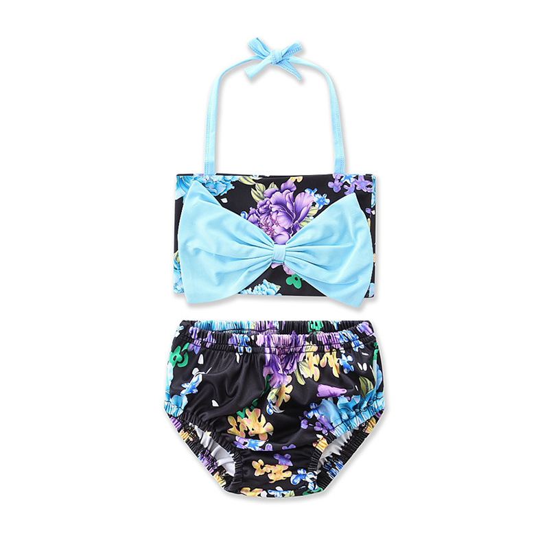 Girls Blue Bow Design Floral Printed Bikini Set