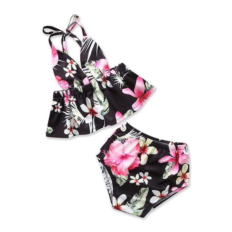 Girls Fresh Flower Printed Backless Halter Bikini Set
