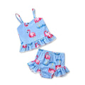 Girls Cute Flamingo Printed Spaghetti Straps Bikini Set