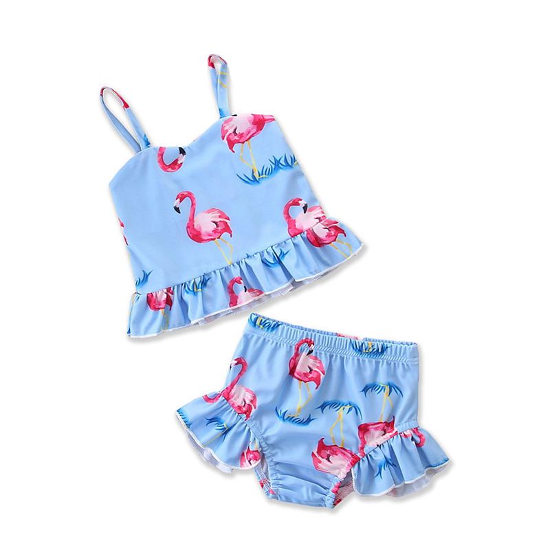 Girls Cute Flamingo Printed Spaghetti Straps Bikini Set
