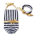 Girls Patchwork Stripes Printed Halter One-piece Swimwear With Headband