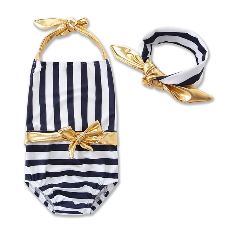 Girls Patchwork Stripes Printed Halter One-piece Swimwear With Headband
