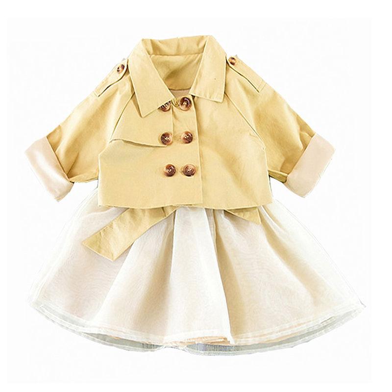 Fashionable Girls Cotton Button Design Khaki Coat And Patchwork Dress Set