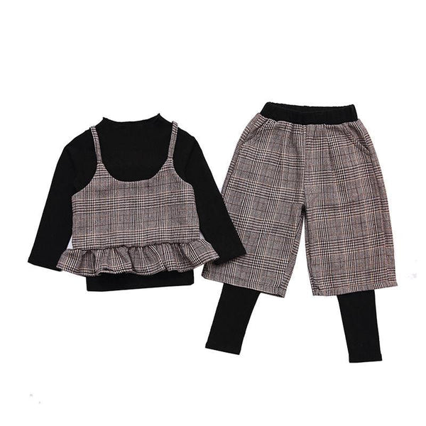 3 Pcs Set Girls Cotton Solid Color Tops And Grid Printed Vest And Patchwork Pants