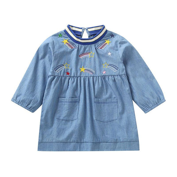 Girls Cotton Long Sleeves Star Embroidered Dress