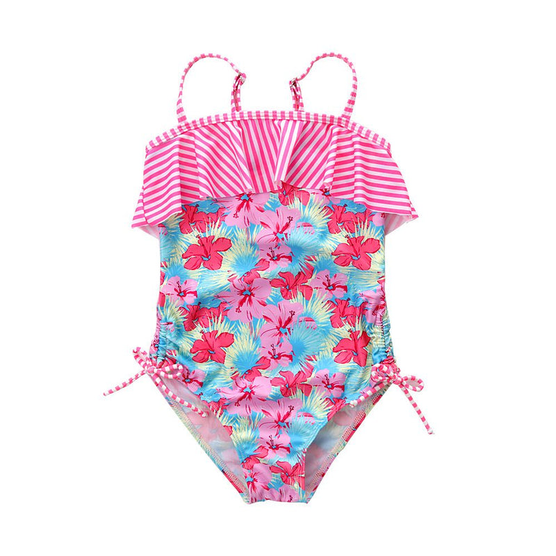 Girls Floral Printed Patchwork Spaghetti Strap Falbala Swimwear