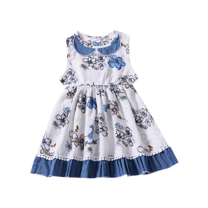 Girls Cotton Blue Flower Printed Peter Pan Collar Frilled Dress