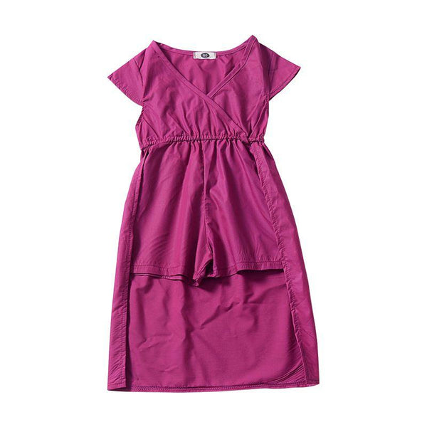Baby Girls Cotton Purple Color V Neck Irregular Dress