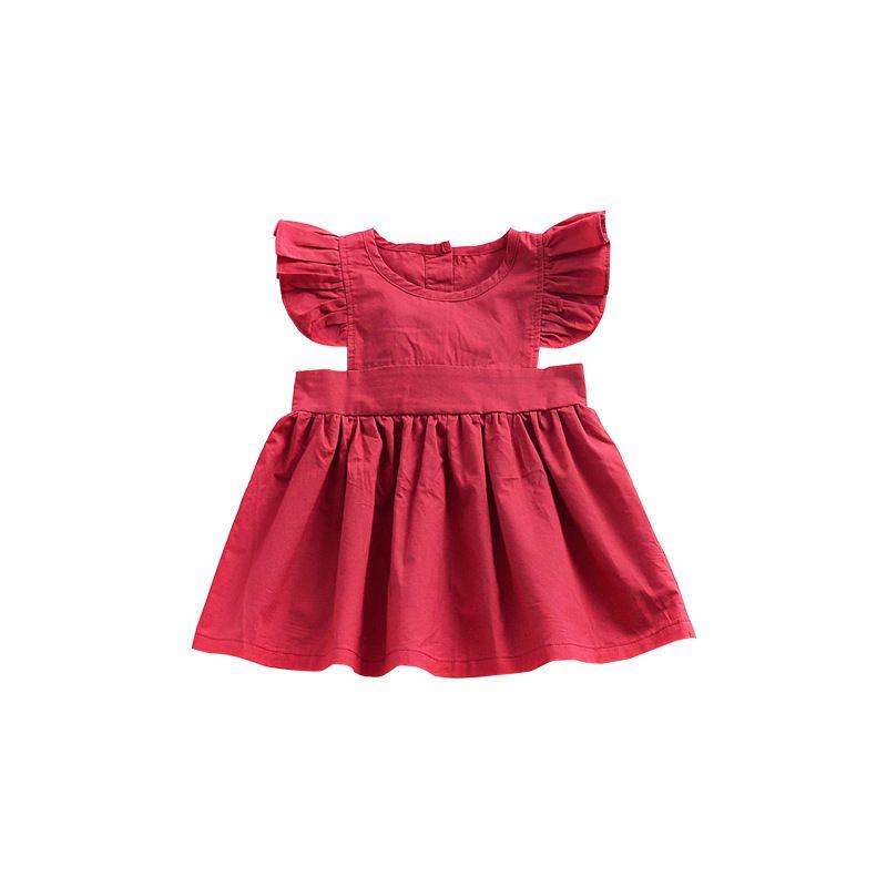 Baby Girls Cotton Plain Ruffle Sleeves Dress
