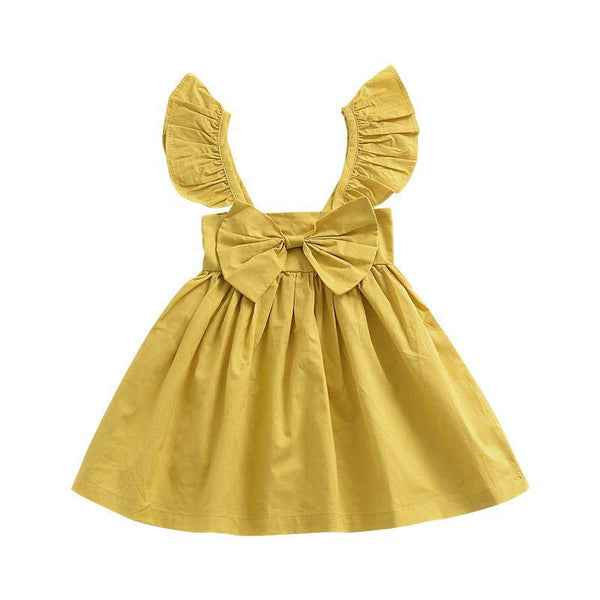 Cute Baby Girls Cotton Solid Color Ruffle Sleeves Bowknot Design Dress