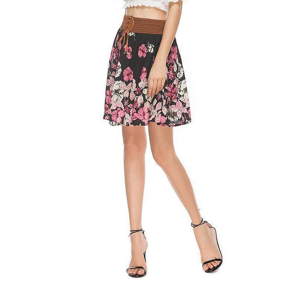 Women Fashion Summer Vacation Floral Print Short Length Boho Skirt