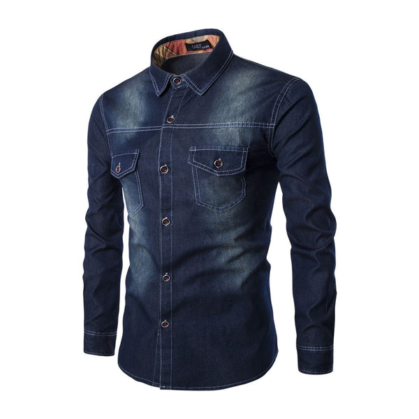 Men Cotton Lapel Button Denim Shirts