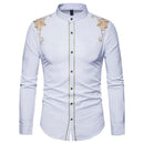 Men Cotton Gold Embroidered Design Standing Collar Shirts