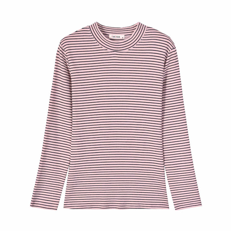 Women Fashion Classic Stripes Pattern Long-sleeve Mock Neck T-shirt