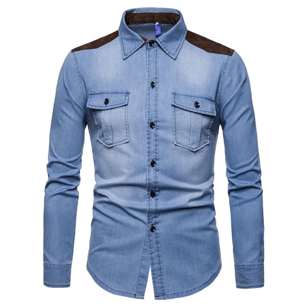 Men Cotton Patchwork Slim Fit Denim Shirts