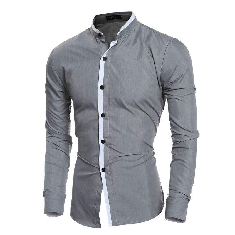 Men Cotton Color Blocking Standing Collar Casual Shirts