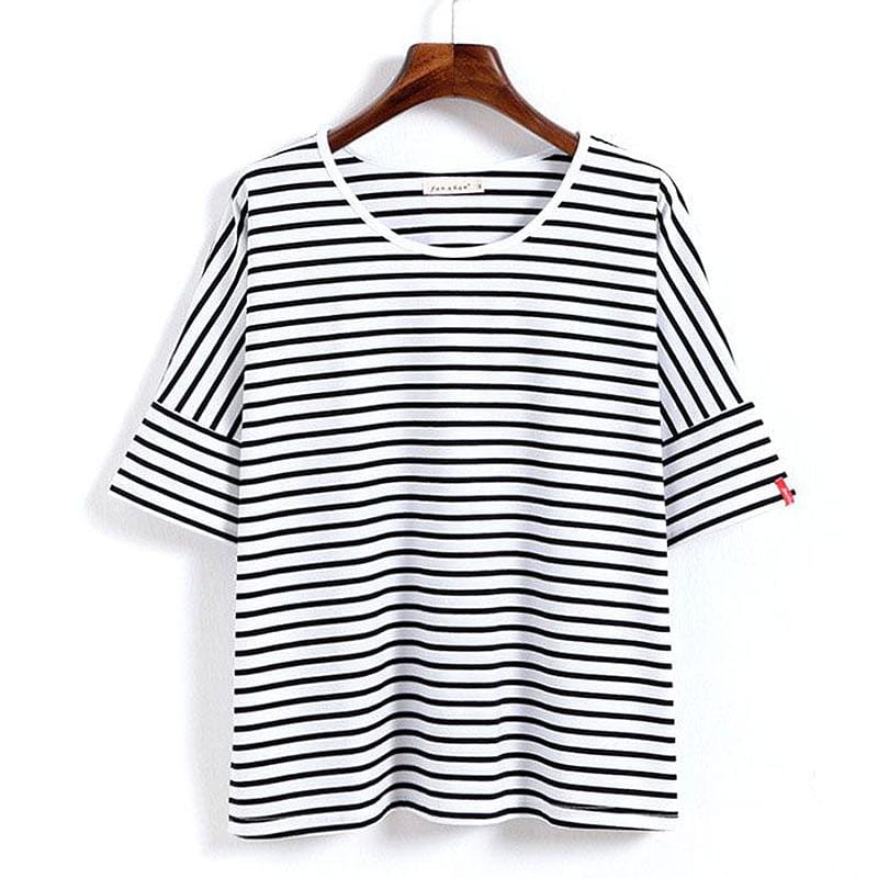 Women Casual Style Classic Stripes Design Half-sleeve Cotton T-shirt