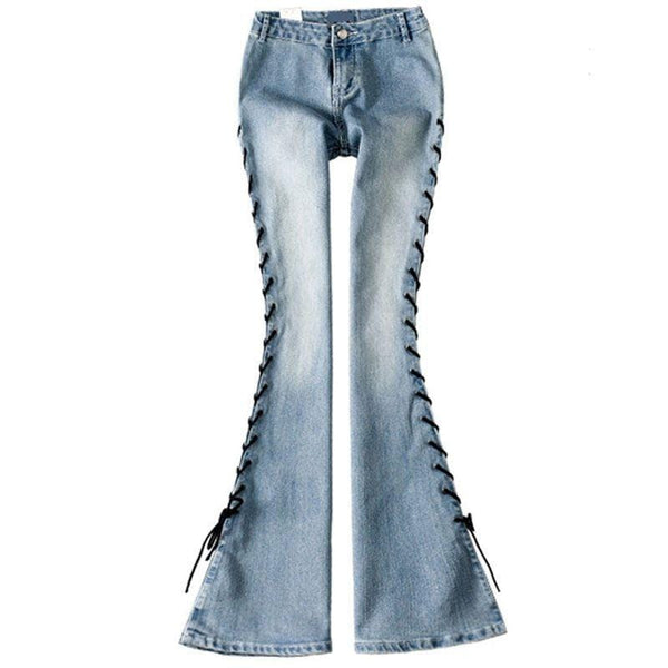 Women Fashion Unique Lace-up Ripped Design Flare Jeans