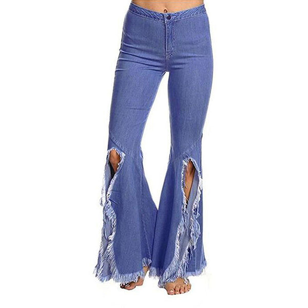 Creative Slit Design Raw Hem Women Fashion Flare Pattern Jeans