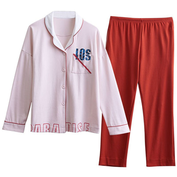 Casual Lady Color Blocking Design Single-breasted Long-sleeve Pajamas