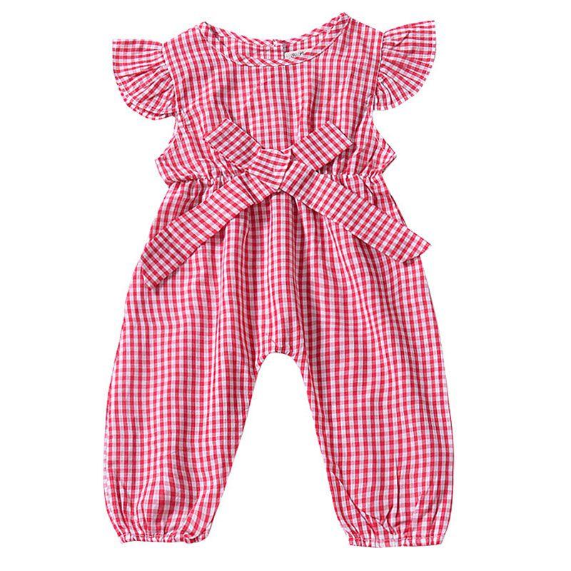 Baby Girls Cotton Plaid Printed Ruffle Sleeve Jumpsuit