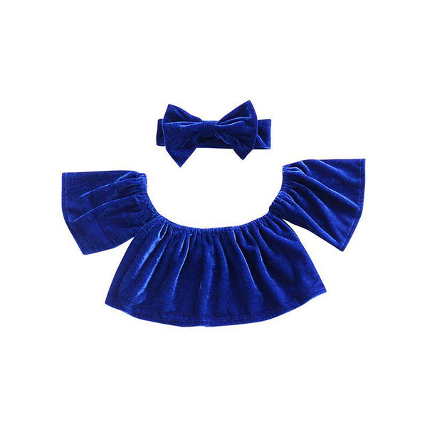 2 Pcs Girls Velvet Blue Off-shoulder Tops And Headband