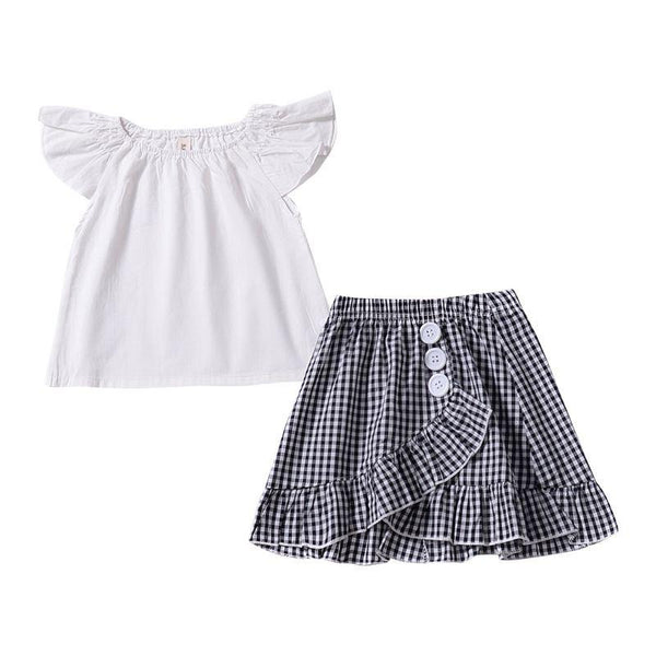 2 Pcs Set Girls Cotton White Tops And Plaid Printed Skirts