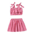 2 Pcs Girls Cotton Red Plaid Printed Cami Tops And Skirts