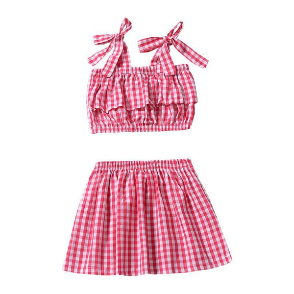 2 Pcs Girls Cotton Red Plaid Printed Cami Tops And Skirts