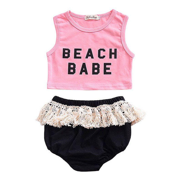 2 Pcs Girls Letter Printed Sleeveless Tops And Tassel Design Shorts