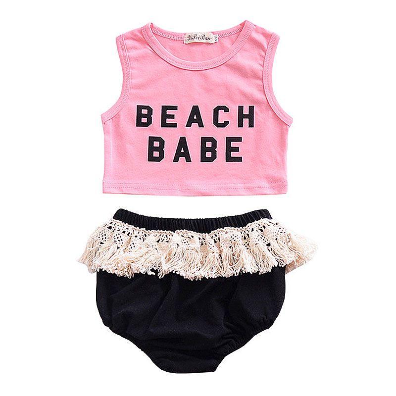 2 Pcs Girls Letter Printed Sleeveless Tops And Tassel Design Shorts