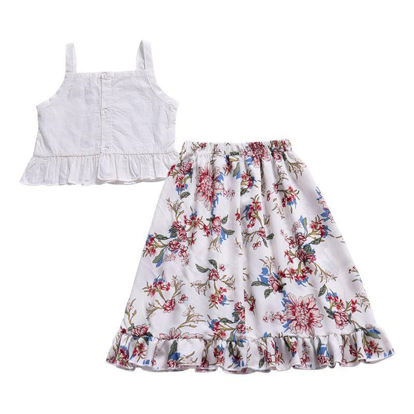 2 Pcs Girls White Spaghetti Strap Tops And Floral Printed Skirts