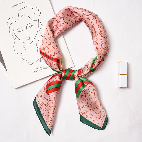 Classic Fashion Ribbon Element Print Women Chic Satin Square Scarf