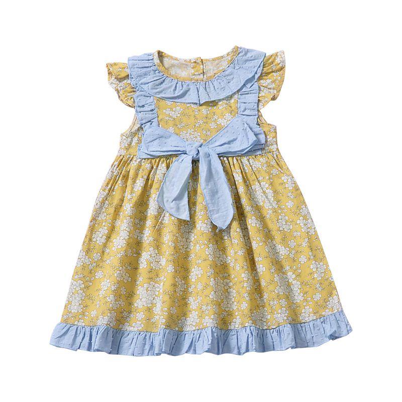 Cute Girls Cotton Floral Printed Ruffle Sleeves Dress
