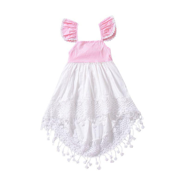 Girls Cotton Lace Design Pink Ruffle Sleeves Dress