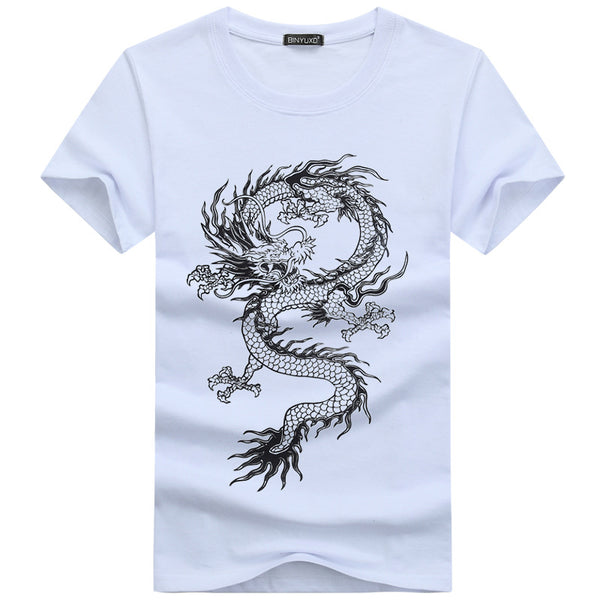 Fashion Men Cotton Dragon Printed Short Sleeves Tops