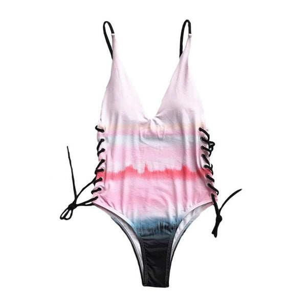 Women Multicolor Gradient Design Classic One-piece Lace-up Swimsuit