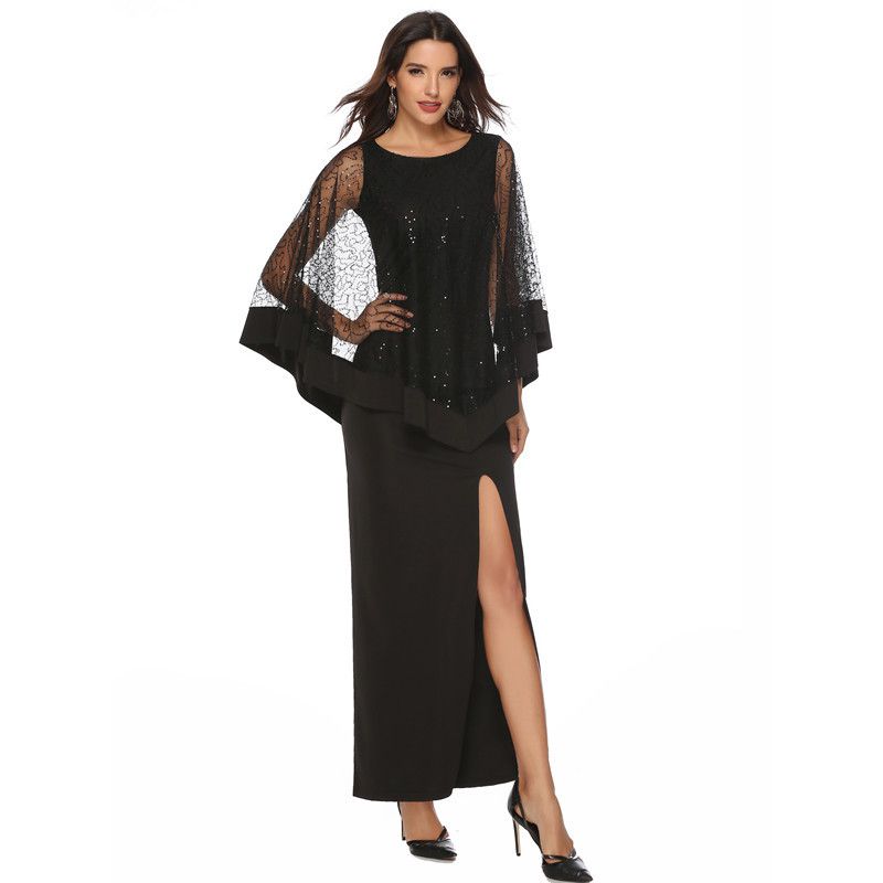 Black Mesh Sequin Patchwork High-waisted Side-slit Party Dress