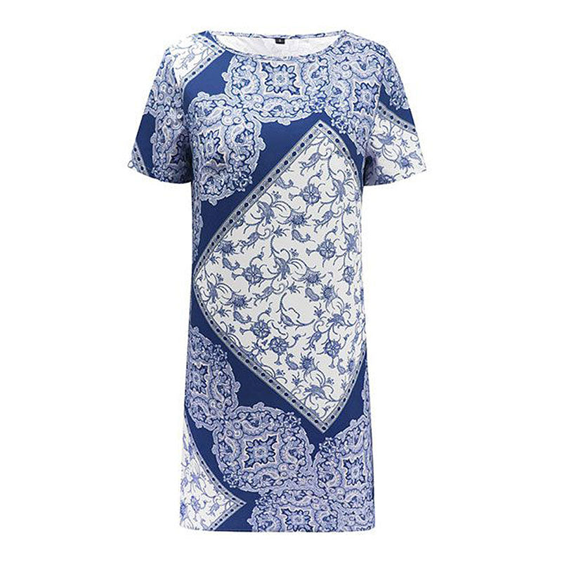 Geometric Pattern Flower Print Short-sleeve Straight Dress