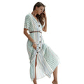 Freshing Style Stripes Pattern Women Short-sleeve Single-breasted Maxi Dress