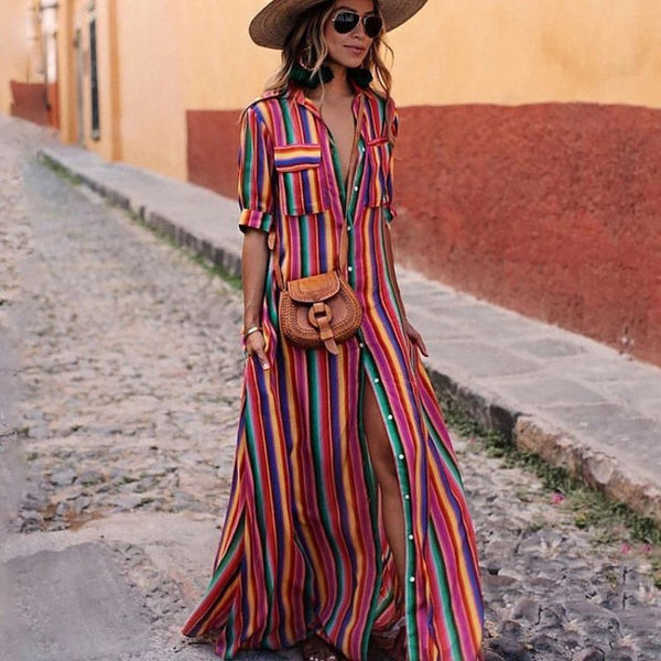 Casual Style Multicolor Stripes Pattern Women Short-sleeve Maxi Dress