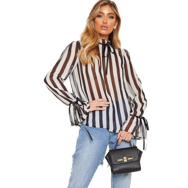 Fashion Stripes Pattern Mock Neck Flare Sleeves See-through Blouse