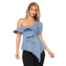 Fashion Asymmetric Cool-shoulder Design Solid Color Ruffles T-shirt