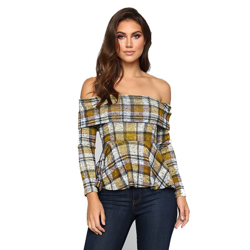 Fashion Off-shoulder Design Vintage Plaid Pattern Long-sleeve Blouse