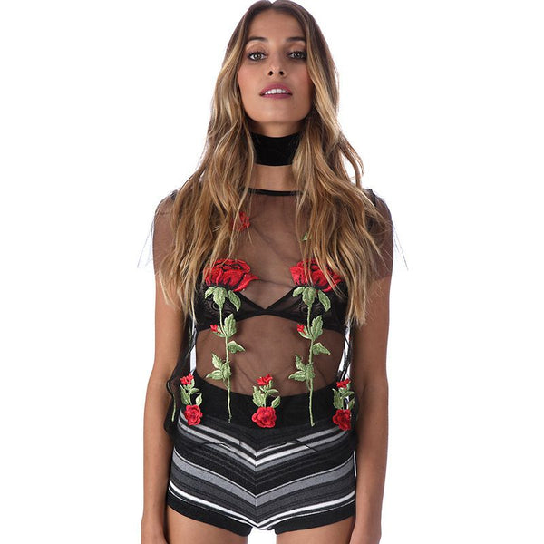 Fashion Rose Embroidered Women Long-sleeve See-through Mesh Top