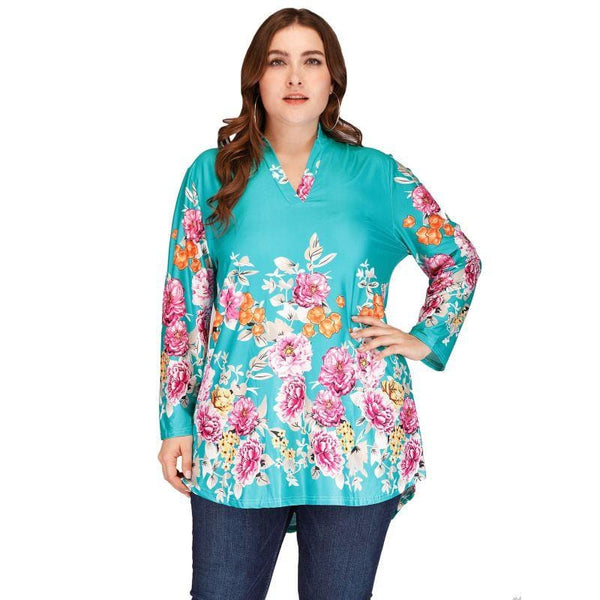 Women Plus Size Long-sleeve Bright Color Floral Pattern Blouse