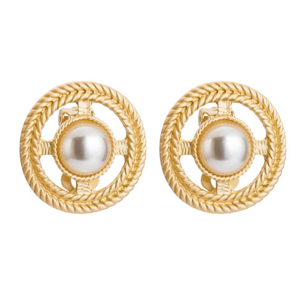 Creative Round Shape Button Pattern Golden Alloy Pearl Earrings