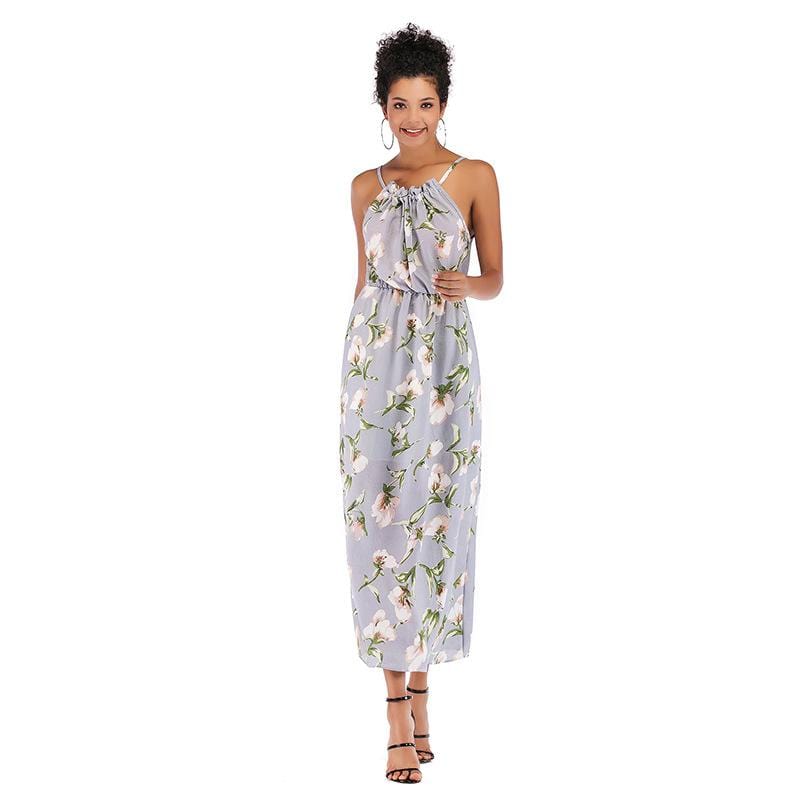 Women Flower Print Backless Halter Dress