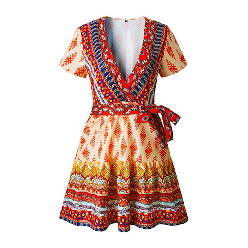 Bright Color V Neck Short-sleeve Design Women Boho Dress