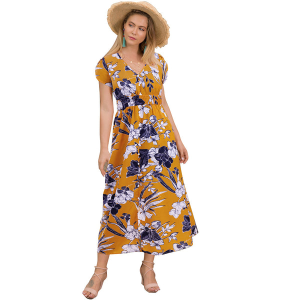 Casual Style Bright Color Flower Print Cap Sleeve Summer Maxi Dress